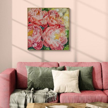 akvarellmaal Pojengid suvesoojuses interjööris