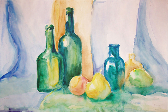 akvarell natüürmort puuviljade ja pudelitega 2008