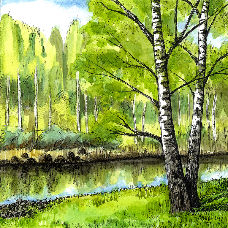 Kevadine jõgi heleroheliste kaskedega. Akvarellmaal tindijoonistusega.