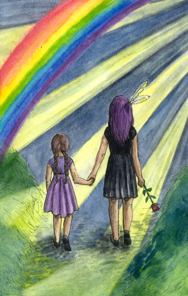 illustratsioon kahe tüdrukuga kõndimas päikese ja vikerkaare all