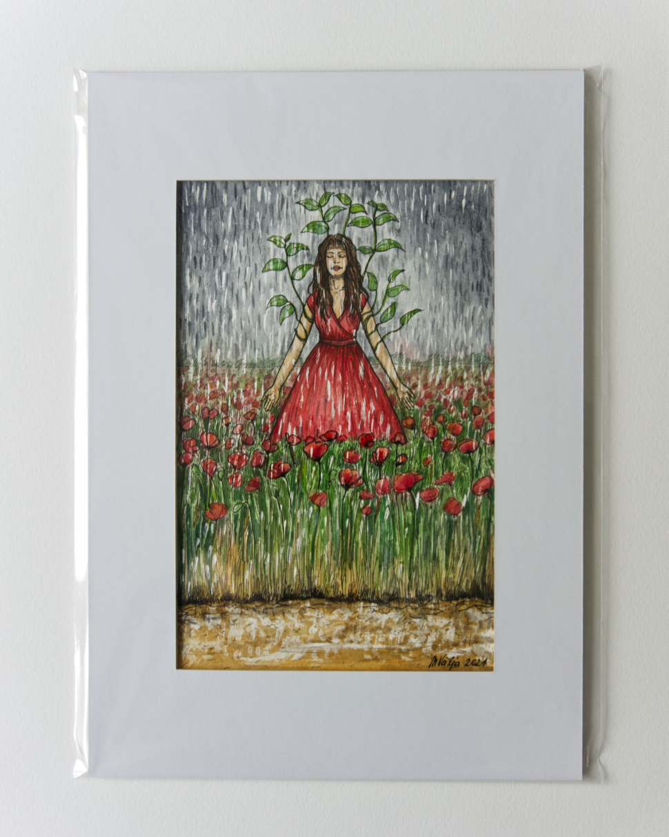 Illustratsioon neiuga vihmasajus moonipõllul