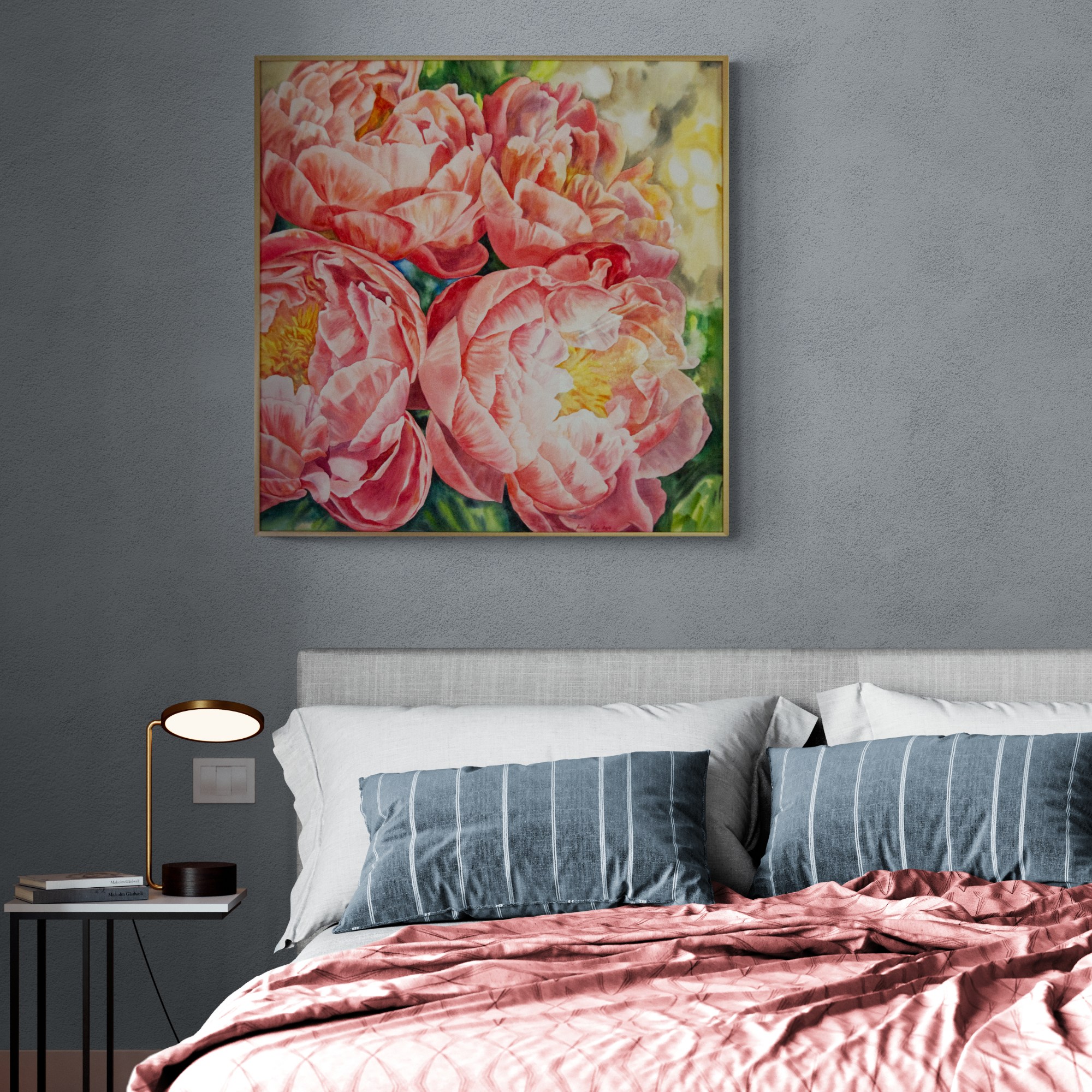 akvarellmaal Pojengid suvesoojuses interjööris