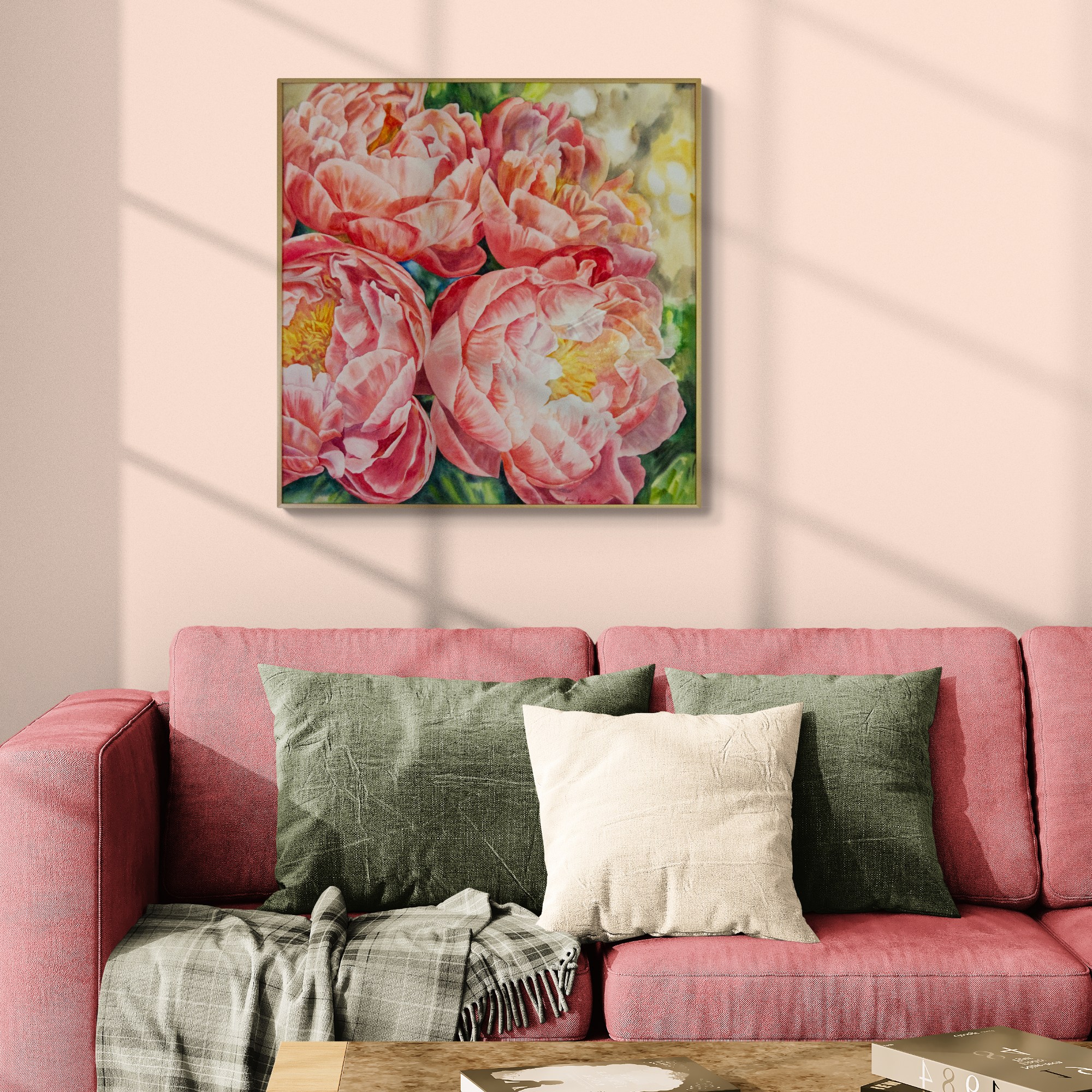 akvarellmaal Pojengid suvesoojuses interjööris