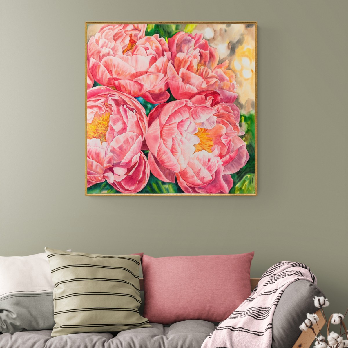 akvarellmaal Pojengid suvesoojuses interjööris