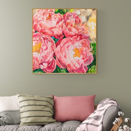 akvarellmaal Pojengid suvesoojuses interjööris