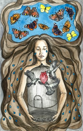 Illustratsioon naisega, kellel on südamepuuris tuvid ja hinges liblikad