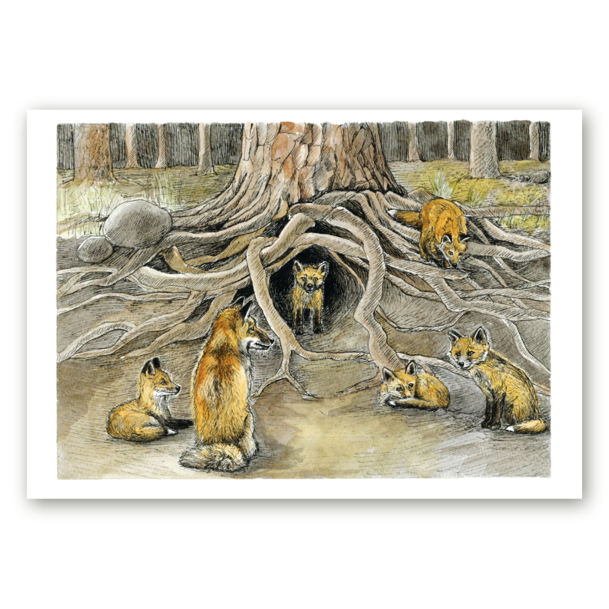 Poster rebasekutsikatega, kes mängivad vana puu juures, kunstnik Maria Välja illustratsiooni põhjal.