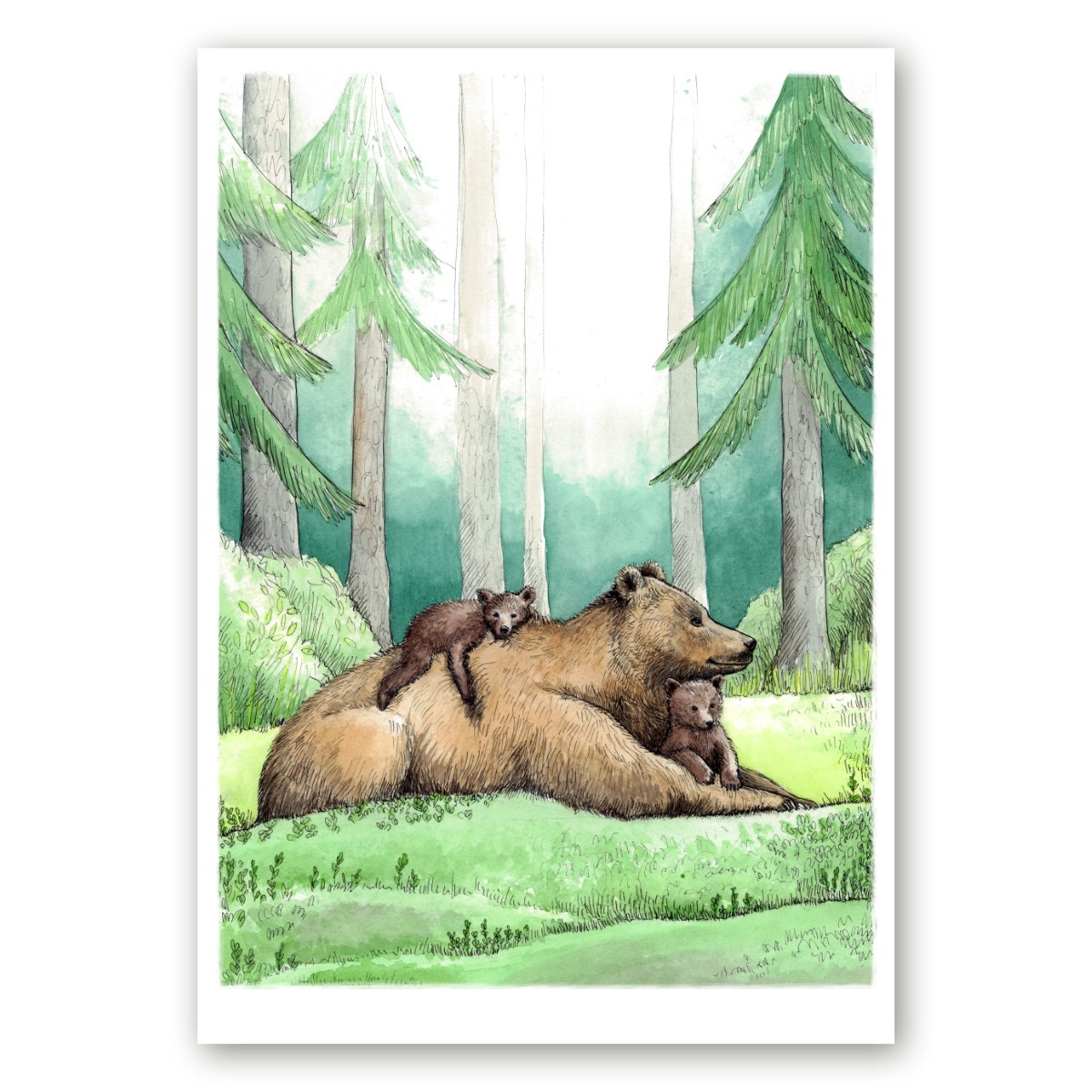 Karudega poster kunstnik Maria Välja illustratsiooni põhjal karuemast kahe karupojaga.