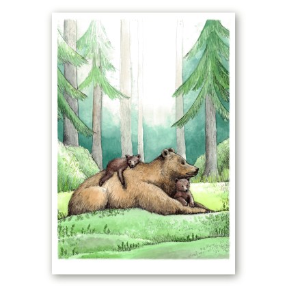 Karudega poster kunstnik Maria Välja illustratsiooni põhjal karuemast kahe karupojaga.