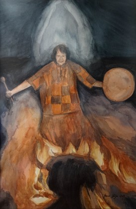 šamaanitrummiga mees viib lõkke ääres rituaali läbi, ümberringi on pime ning tema kohal on valge halo. Maria Välja akvarellmaal.