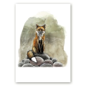 Poster kivihunniku otsas istuva rebasega kunstnik Maria Välja illustratsioonist.