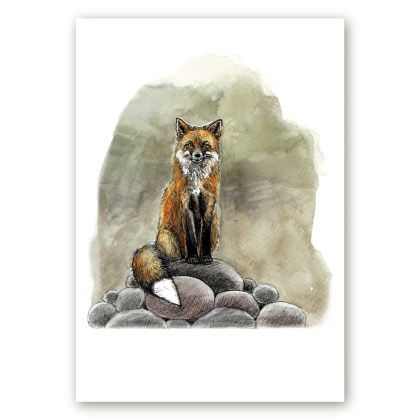 Poster kivihunniku otsas istuva rebasega kunstnik Maria Välja illustratsioonist.