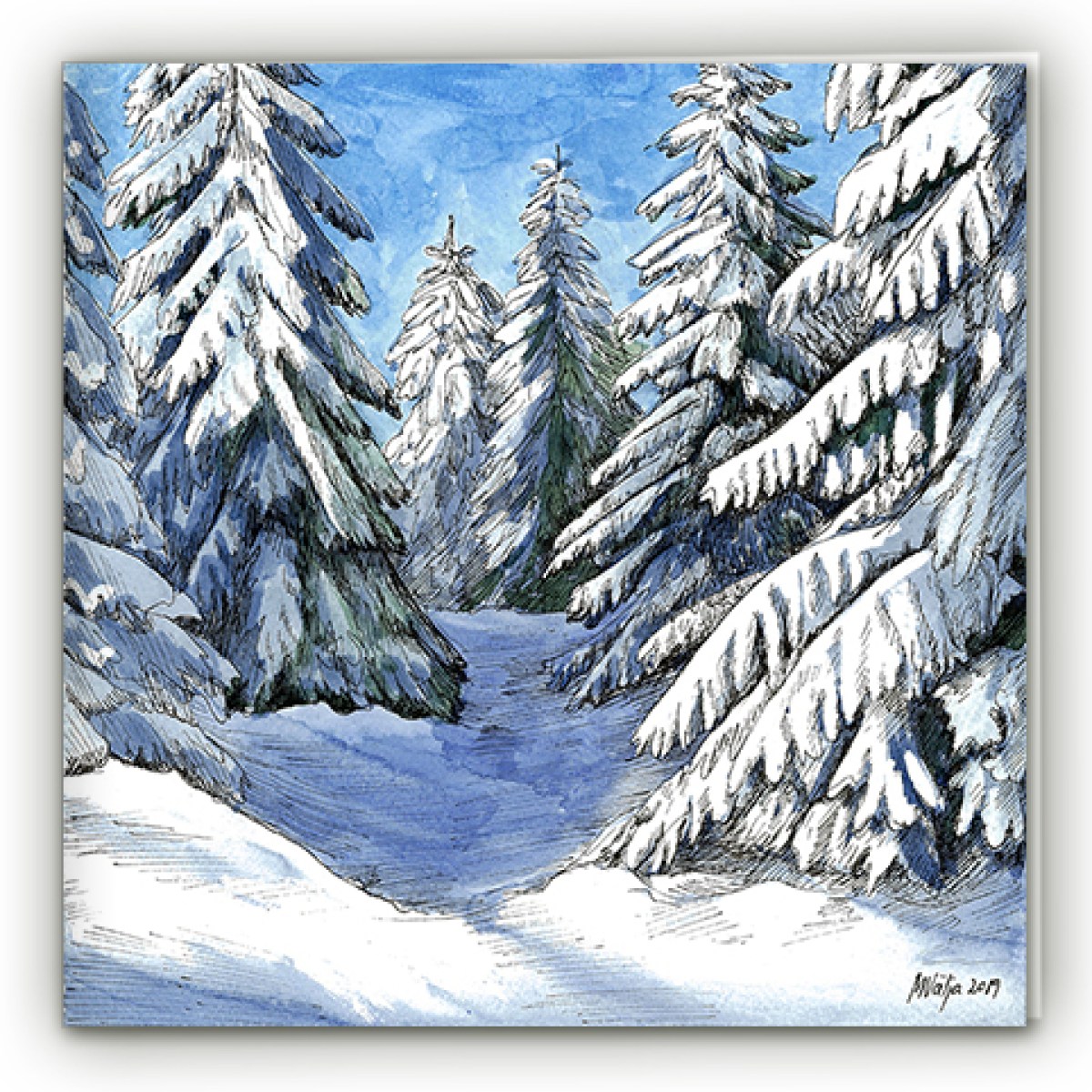 Õnnitluskaart lumise metsaga