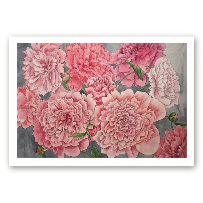 Poster pojengidega kunstnik Maria Välja akvarellmaali põhjal.