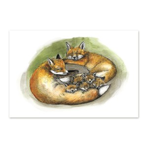 Postkaart kaisus magava rebasepere illustratsiooniga