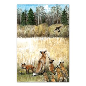 Postkaart illustratsiooniga rebaseperest niidul