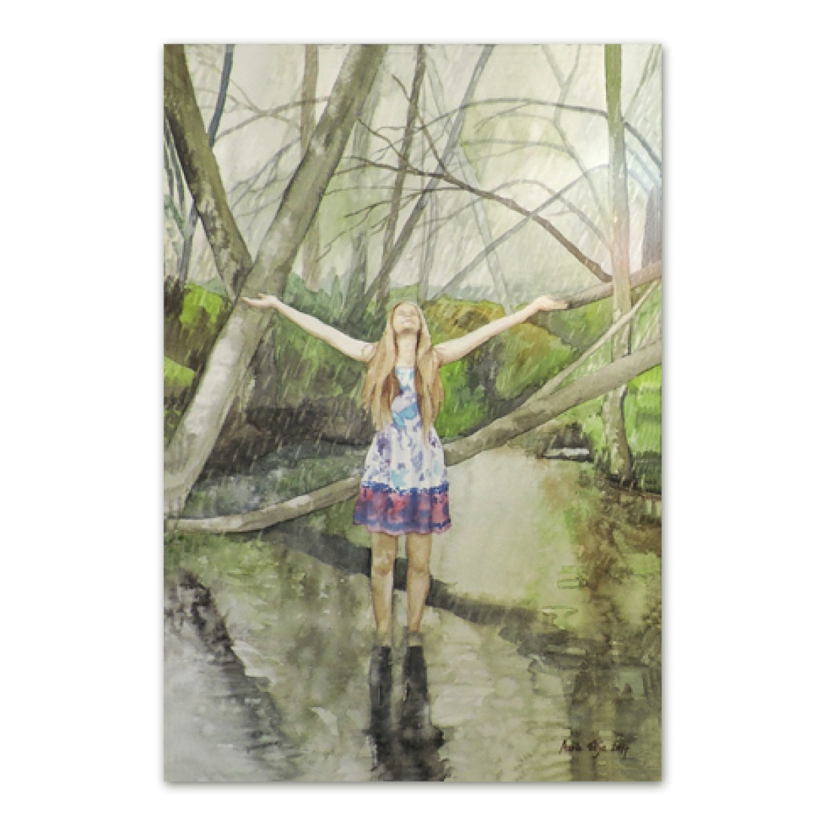 Postkaart vihmas seisva naisega