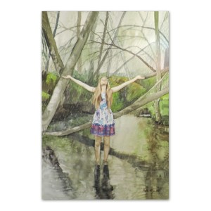 Postkaart vihmas seisva naisega