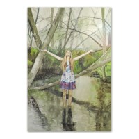 Postkaart vihmas seisva naisega