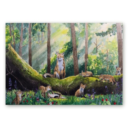 Akvarellmaal rebaseemast ja kutsikatest metsas, Maria Välja loodud loodusillustratsioon, trükitud kunstiposter.