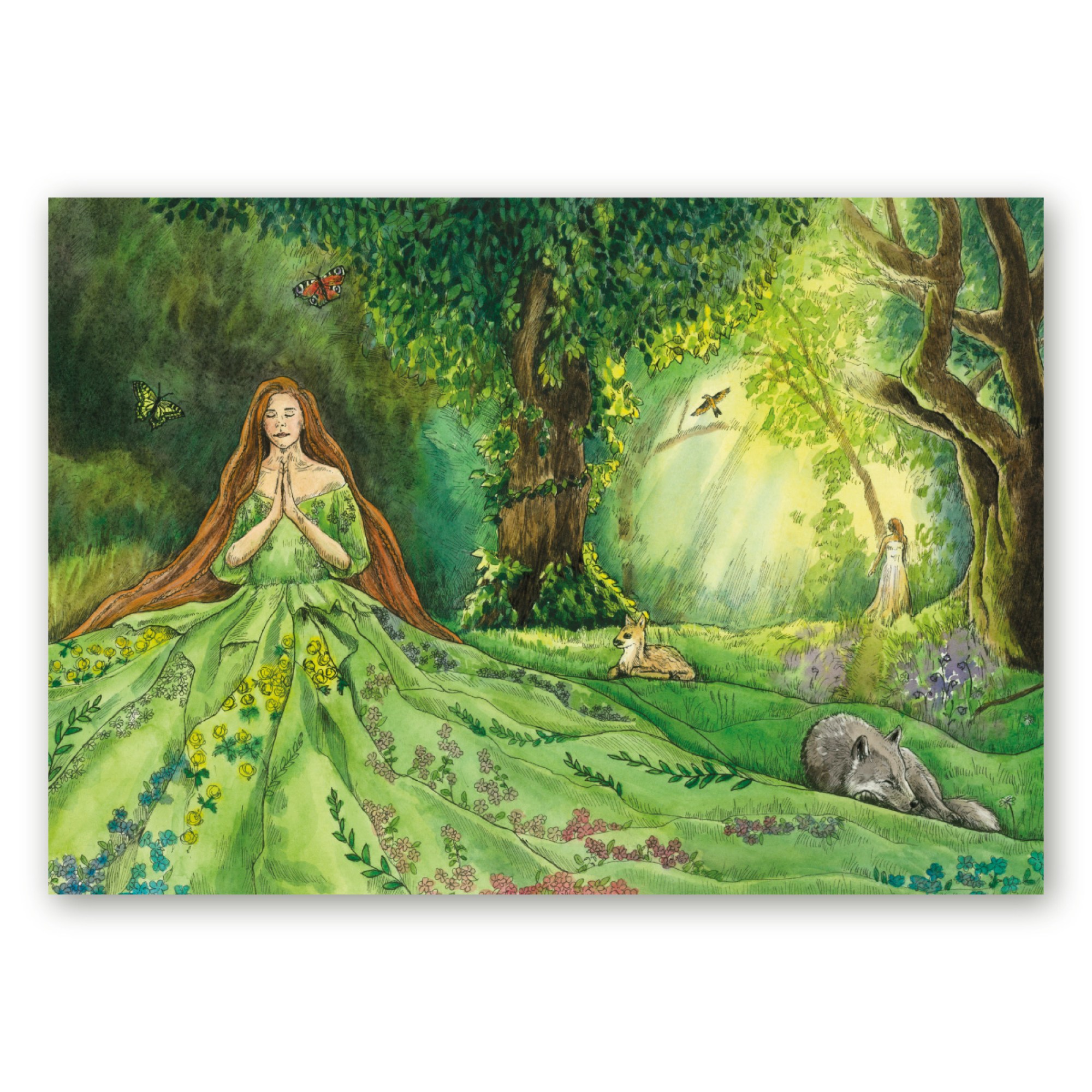 Akvarellidega illustratsioon rohelises kleidis naisfiguurist looduses, Maria Välja loodud looduslik ja rahulik kunstiteos.